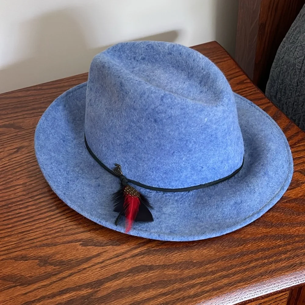 Ecua Andino Blue wool Felt Fedora Hat with Feather Accent. 100% wool. - Picture 2 of 9